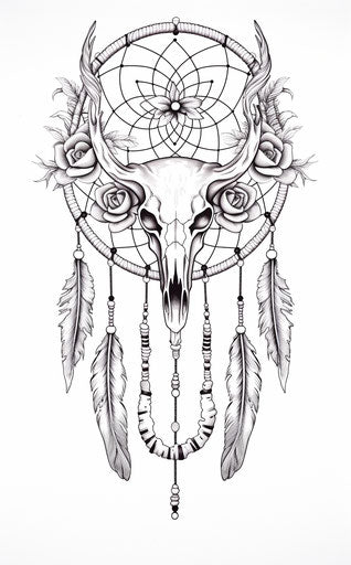 Dream catcher print design with deer skull pattern and feathers