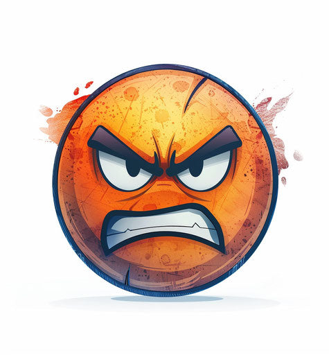 Angry emoticon on white background, dark orange and light indigo style, bold color fusions, intense contrasts