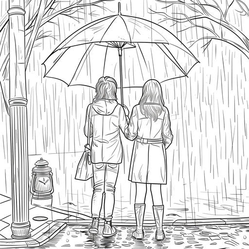 Two friends under a large umbrella in the rain