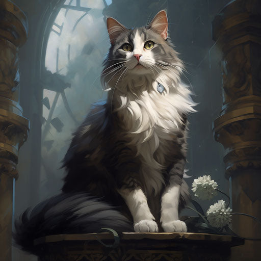 A grey cat standing on a scratching tower