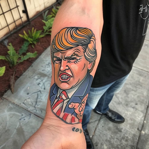 Forearm tattoo political satire Steve Sack style