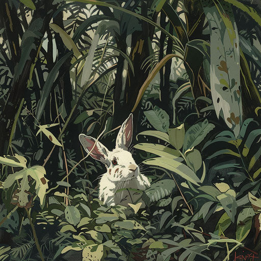 Dense underbrush in a tropical forest, white tail rabbit peeking