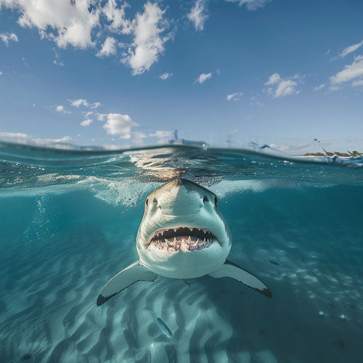 Tiger sharks in the open ocean under a clear blue sky
