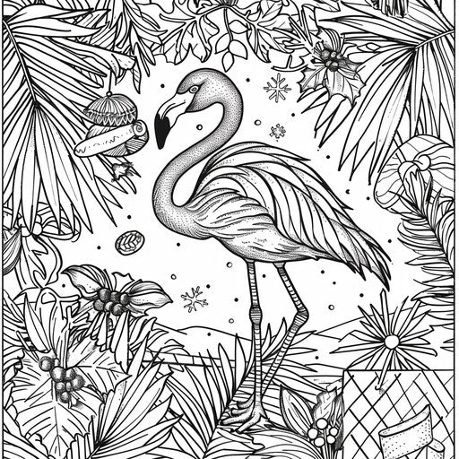 Festive flamingo with holiday decorations in the style of a Jan Brett coloring book page