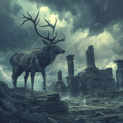 A gothic elk standing amidst ancient ruins under a stormy sky