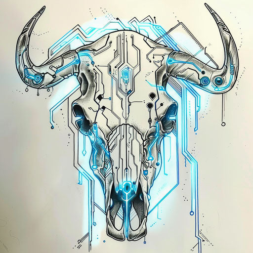 Futuristic tattoo sketch of a cow skull with circuit patterns and glowing neon blue lines