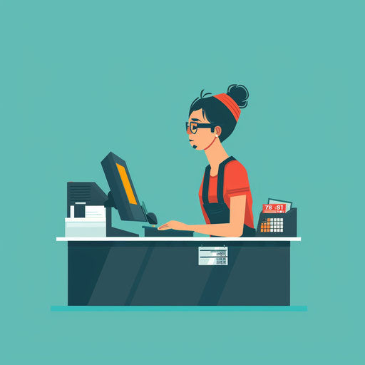 Realistic illustration of cashier against turquoise background