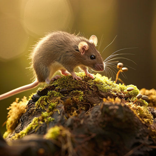 Brown rat climbing on a moss-covered log