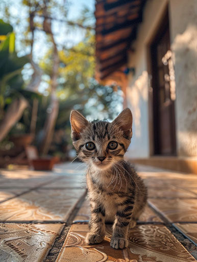 Cute kitten facing the camera on the tile in front of a house, in the style of y2k aesthetic, primitivist frenzy, poignant 3:4