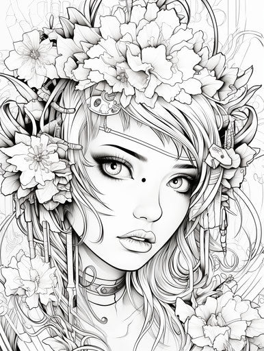 Coloring pages for adults with flowers, cyberpunk manga style, hip hop influenced, subtle fairycore