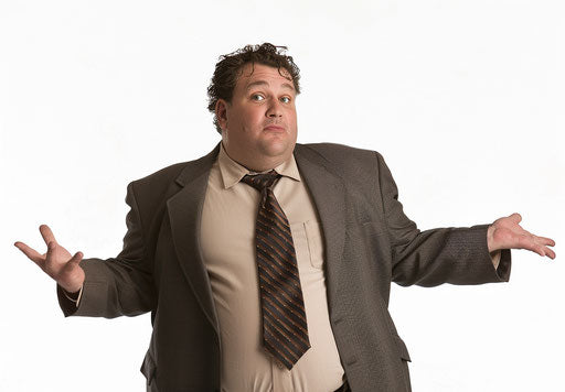 Middle-aged overweight man in business suit shrugging towards left