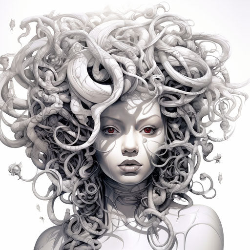 Drawing of a woman with medusa head in hyper-detailed style