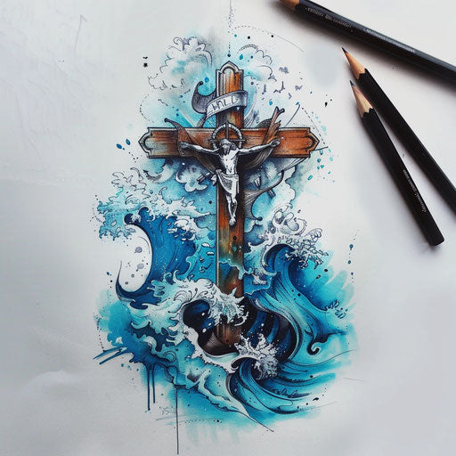 Elegant flat tattoo sketch with watercolor effects of the Cruz amidst ocean waves
