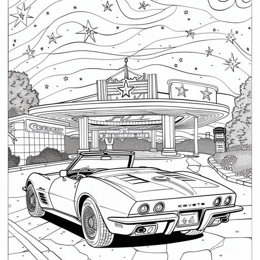 Playful scene of a Corvette at a drive-in. Coloring page