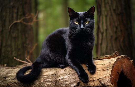 Black cat on log, wiccan style, expressive 17:11