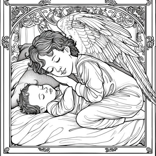A guardian angel watches over a sleeping child.