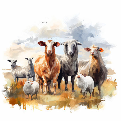 Farm animals in Impressionistic Art style, on white background