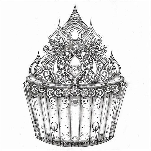 Ornate cupcake with jeweled patterns in the style of Raqib Shaw