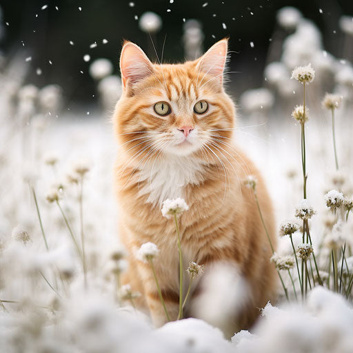 Ginger cat in a field during snowfall