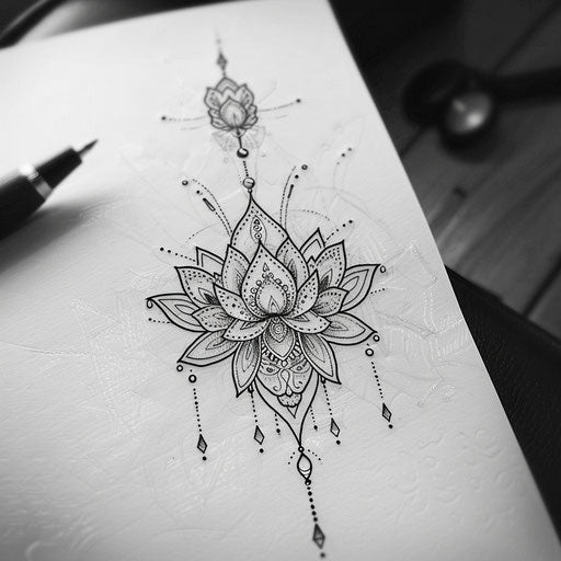 Sketch of a blooming lotus flower with delicate mandala designs for wrist coverup tattoo for women
