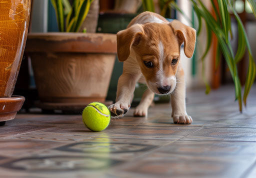 Puppy playing with a tennis ball on the ground, in light yellow and emerald style, future tech, iso 200, tonist, innovative, fawncore, barbiecore 34:23