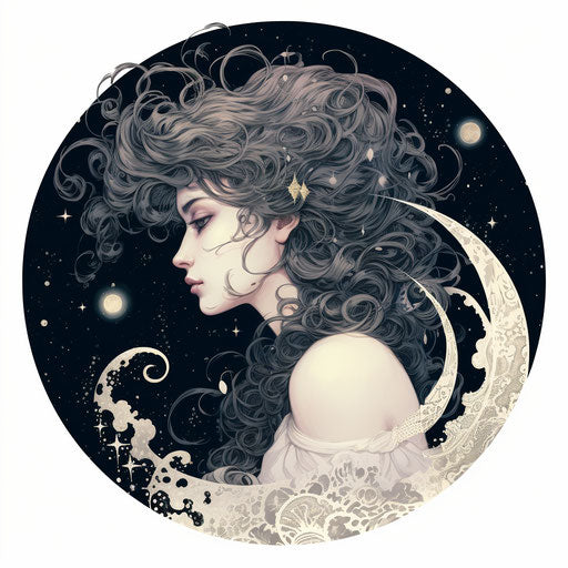 Drawing of the moon with a girl in ornate style