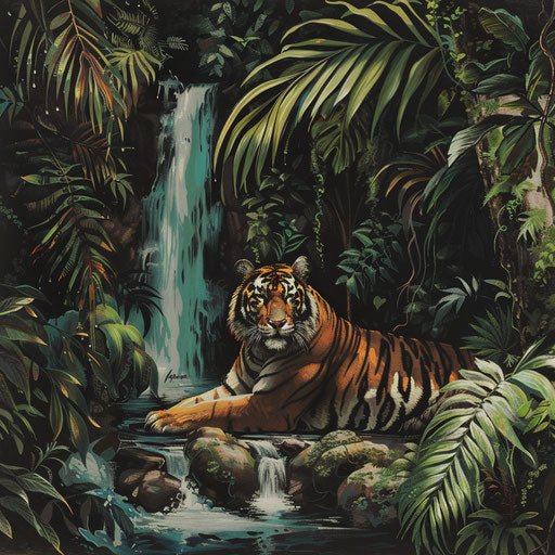 Tiger resting by serene jungle waterfall