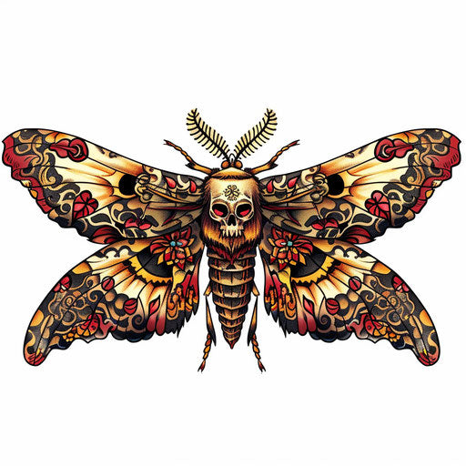 Intricate death moth tattoo with skull patterns in natural colors