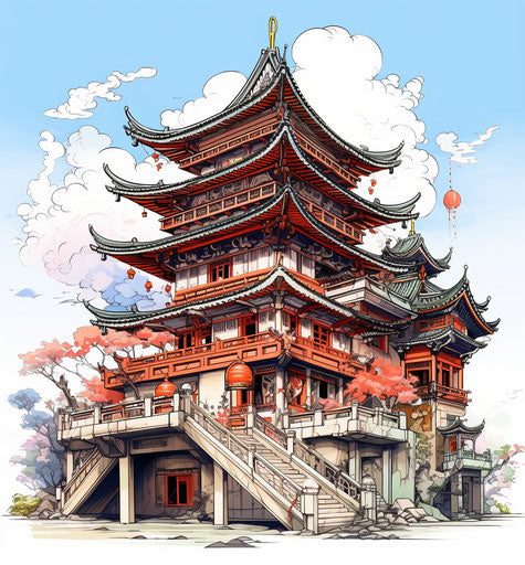 Sketchy stock illustration of a Chinese Buddhist temple