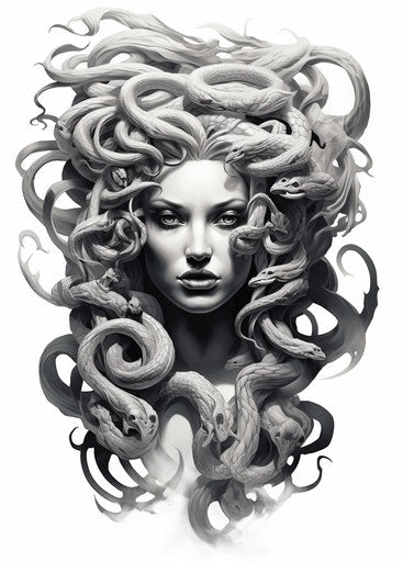 Tiny Medusa, black and white tattoo design with snake hair