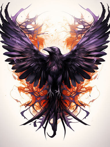 Crow tattoo with light purple and amber wings