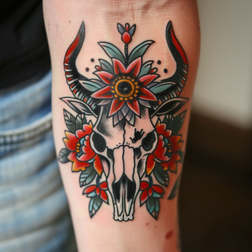 Traditional American style bull skull tattoo
