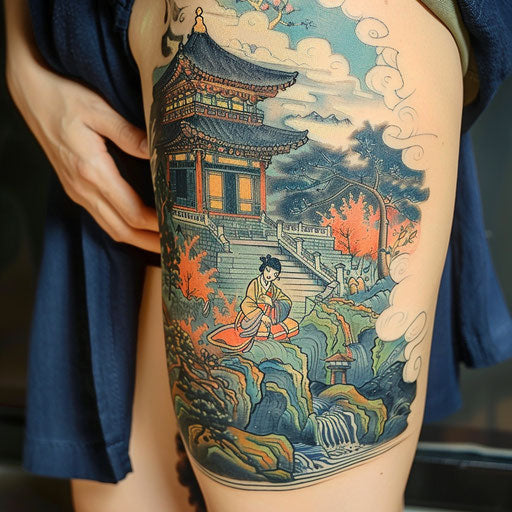 Tattoo of colorful detailed Korean folk tale scene