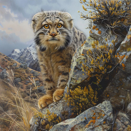 Panoramic view of a Pallas's cat in its natural habitat