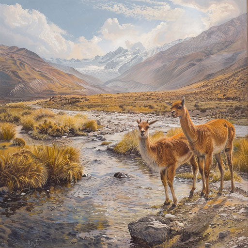 Vicuna by a tranquil mountain stream