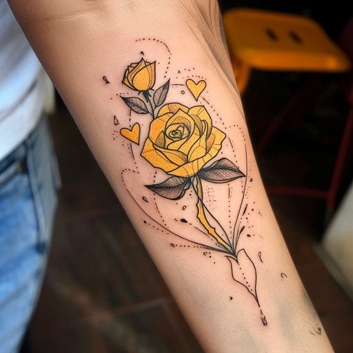 Romantic flat tattoo sketch of a yellow rose with hearts and soft curves