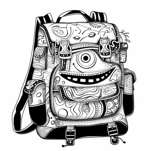 Whimsical cartoon backpack with smiling face and open pockets
