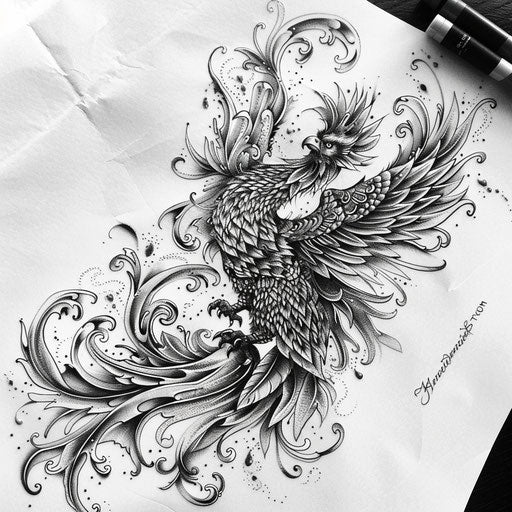 Blackwork tattoo featuring a majestic phoenix, illustrated on white paper