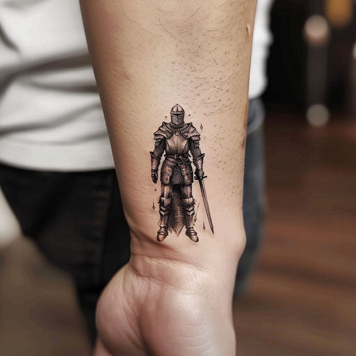 Tiny wrist tattoos of a knight, in the style of Glenn Fabry