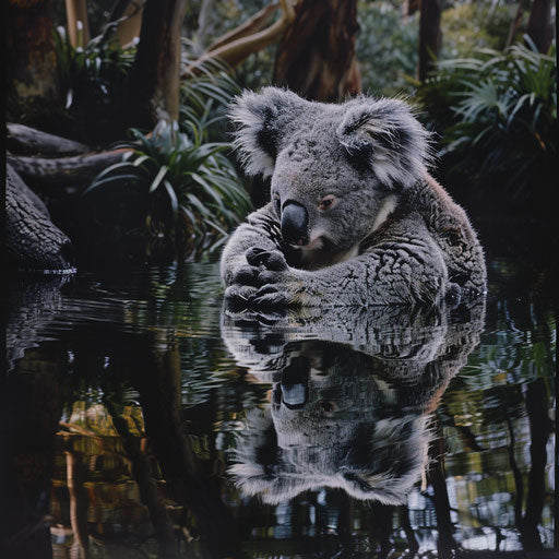 Reflection of koala in water, serene and peaceful