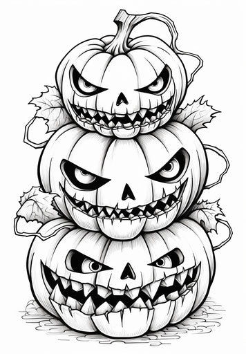 Three pumpkins coloring pages, column and totem style