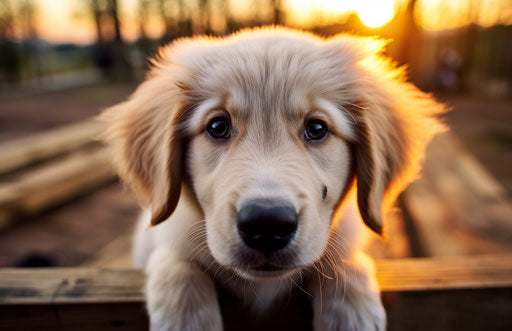 Golden retriever puppy gaze in dark white and gold