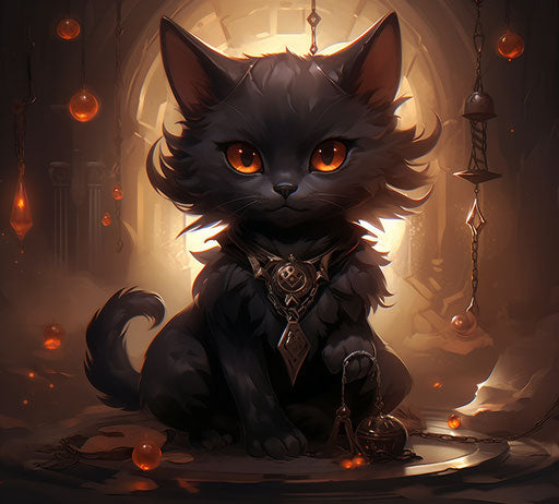 Black cat with necklace and bow, dark orange, dark, ghostcore