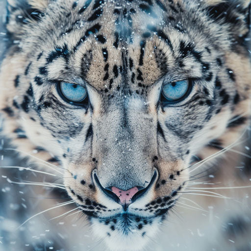 Snow leopard's intense gaze in a snowstorm