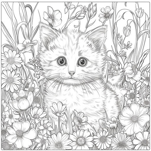 Playful kitten in a floral meadow in the style of Teagan White Coloring book page