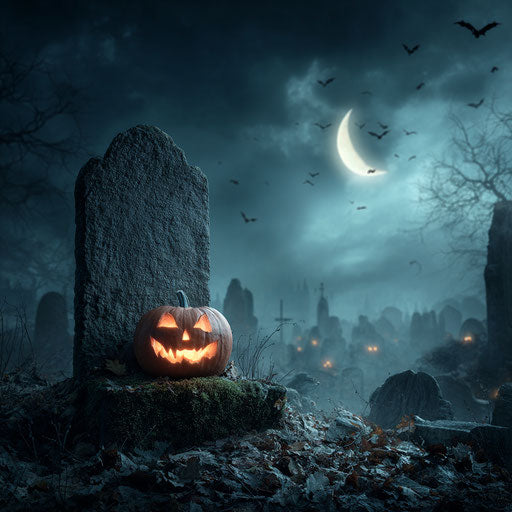 Eerie Halloween Scene with Pumpkin and Graveyard
