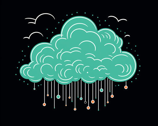 Rain cloud with lightning and drops, turquoise and orange