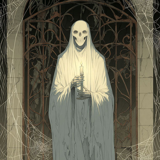 Ghostly Figure by a Rusty Gate in Dim Light