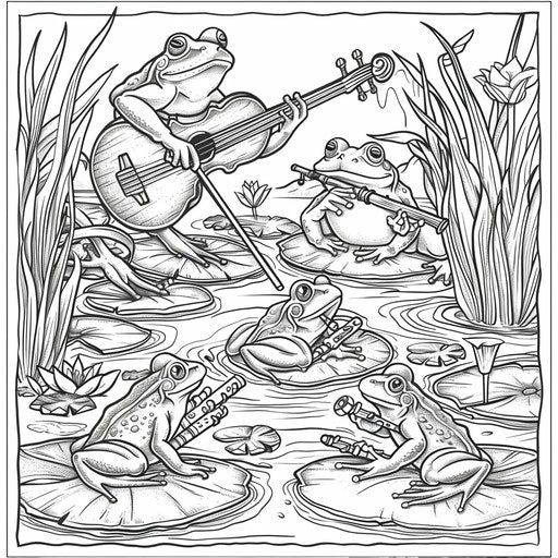 Frogs on lily pads playing instruments in a pond.