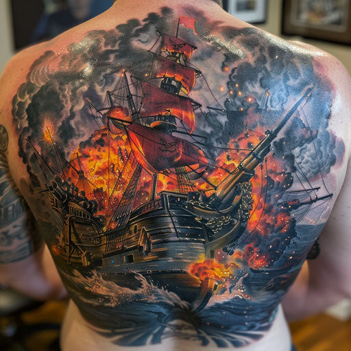 Fiery pirate battle scene with cannons and explosions